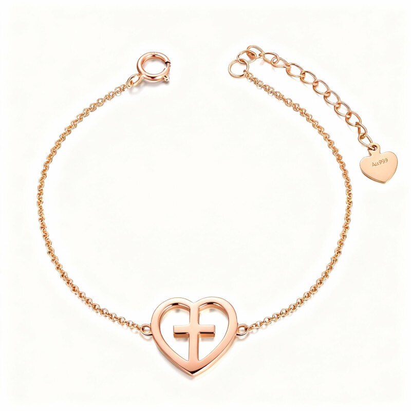 Pulsera con dije de cruz y corazón en oro rosa de 10 quilates-1
