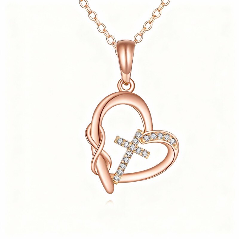 Collier pendentif en or rose 18 carats avec zircon cubique, croix, cœur et symbole de l'infini-1
