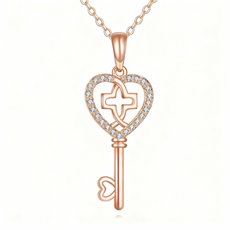 18K Rose Gold Cubic Zirconia Cross & Heart & Key Pendant Necklace-1