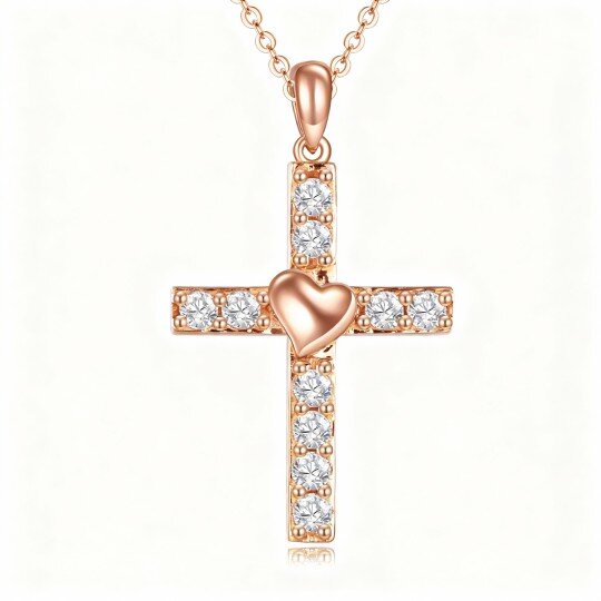 Halskette aus 9-karätigem Roségold mit Zirkonia-Kreuz- und Herzanhänger