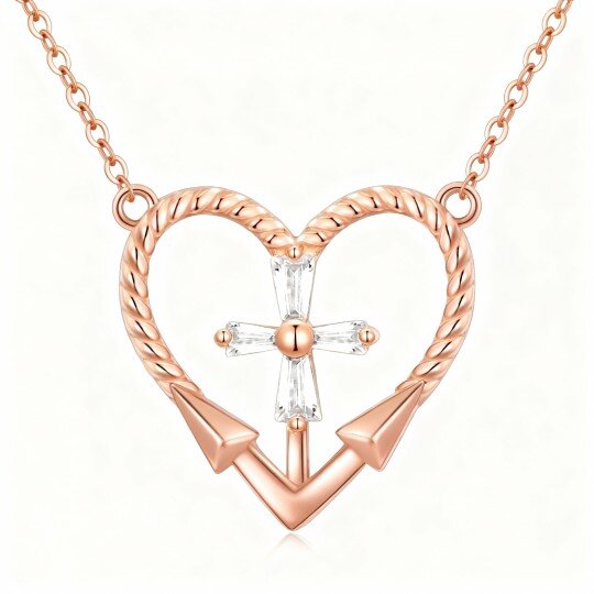 Halskette aus 10-karätigem Roségold mit Zirkonia-Kreuz- und Herzanhänger