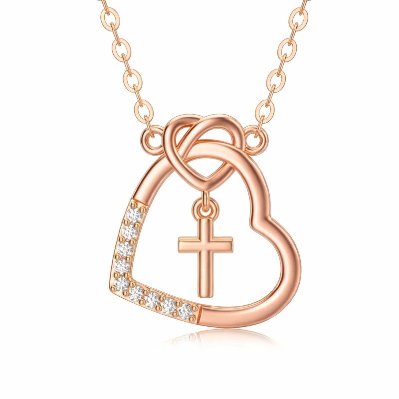 Collar con colgante de cruz y corazón con circonitas cúbicas en oro rosa de 14 quilates-1