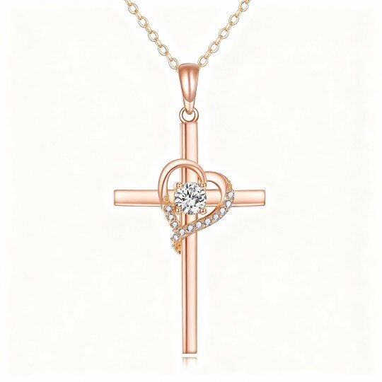 10K Rose Gold Cubic Zirconia Cross & Heart Pendant Necklace