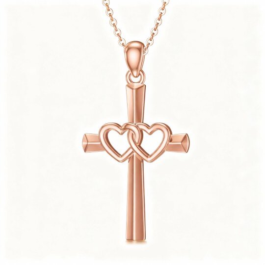 10K Rose Gold Cross & Heart & Heart With Heart Pendant Necklace