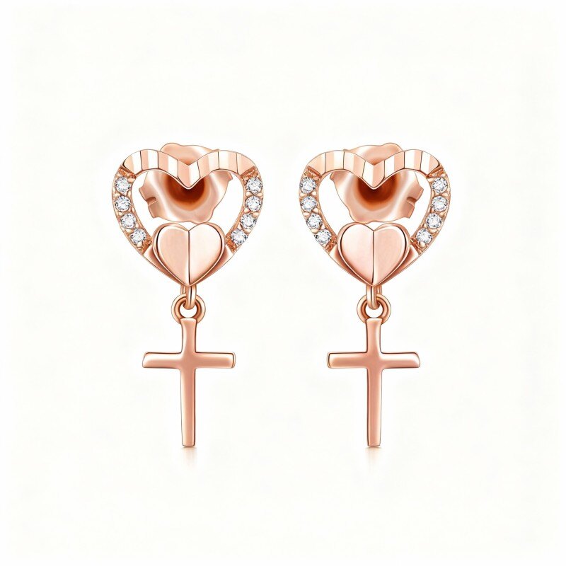 Kolczyki z krzyżem i sercem z 14-karatowego różowego złota z cyrkoniami sześciennymi-1