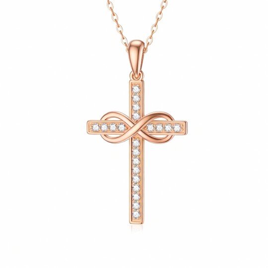 Halskette aus 9-karätigem Roségold mit Zirkonia-Kreuz und Unendlichkeitssymbol-Anhänger