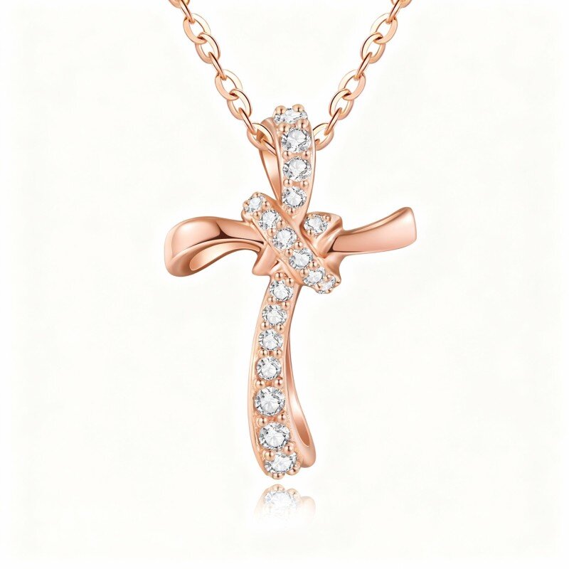 قلادة من الذهب الوردي عيار 18 قيراطًا مرصعة بالزركونيا المكعبة بتصميم صليب وعقدة متقاطعة-1