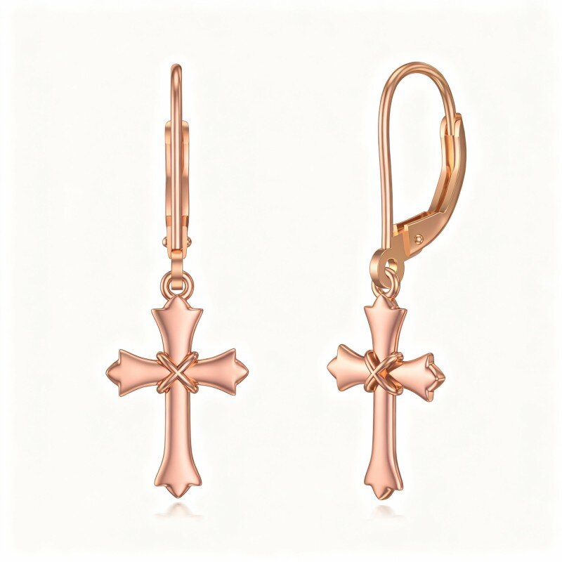 14K Rose Gold Cross Lever-back Earrings-1