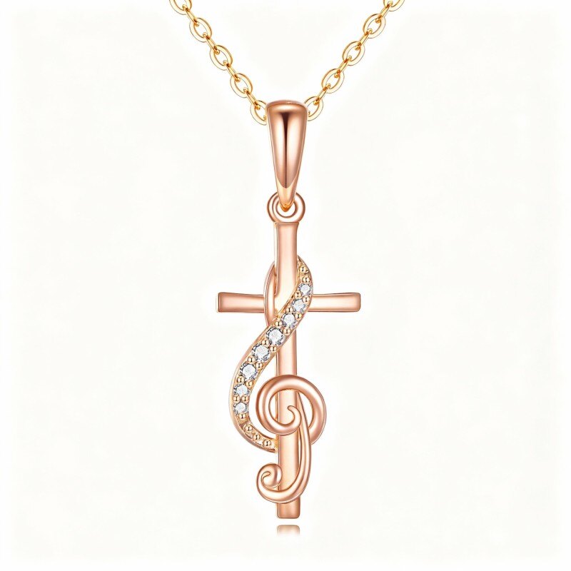 10K Rose Gold Cubic Zirconia Cross & Music Symbol Pendant Necklace-1