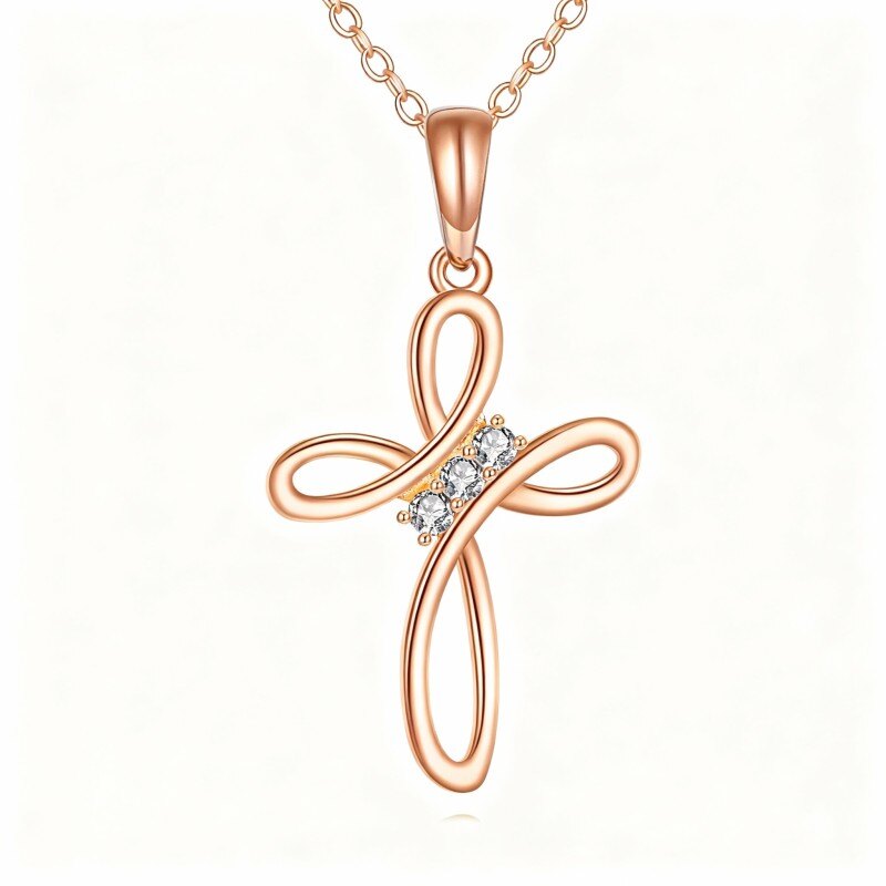 18K Rose Gold Cubic Zirconia Cross Pendant Necklace-1
