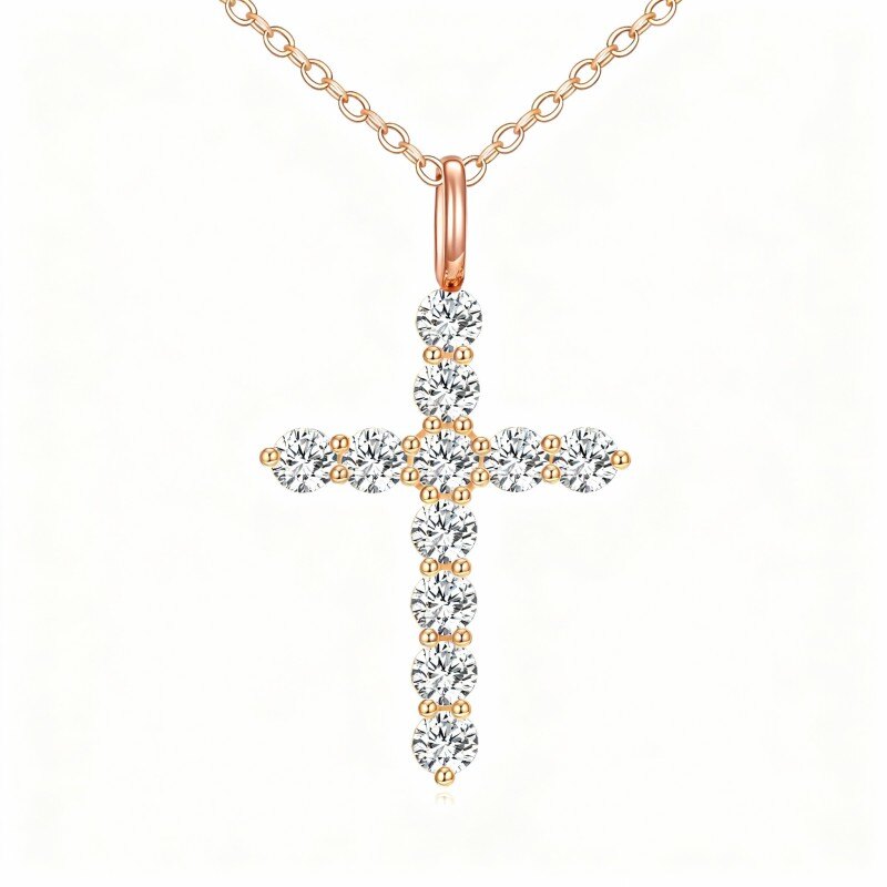 Naszyjnik z krzyżem z 14-karatowego różowego złota z cyrkonią sześcienną-1