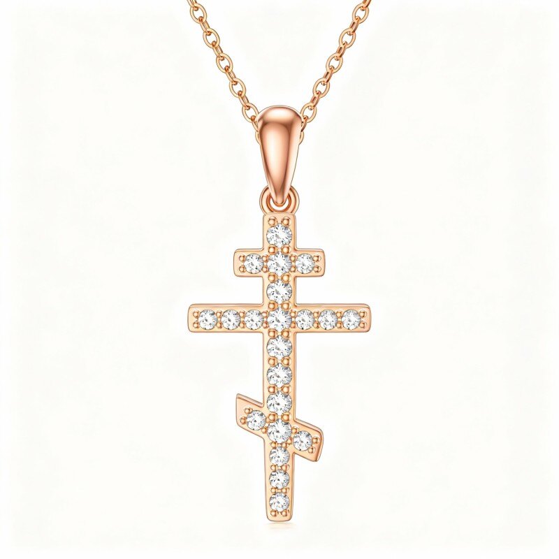 Colar com pendente de cruz em ouro rosa 14K e zircónias cúbicas-1
