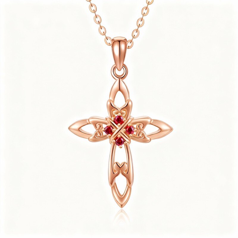 18K Rose Gold Cubic Zirconia Cross Pendant Necklace-1