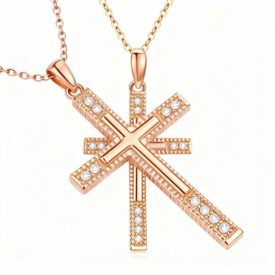 Halskette mit Kreuzanhänger aus 10-karätigem Roségold und Zirkonia