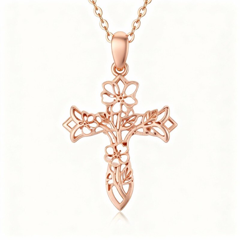 Collana con ciondolo a forma di rosa e croce in oro rosa 14 carati-1
