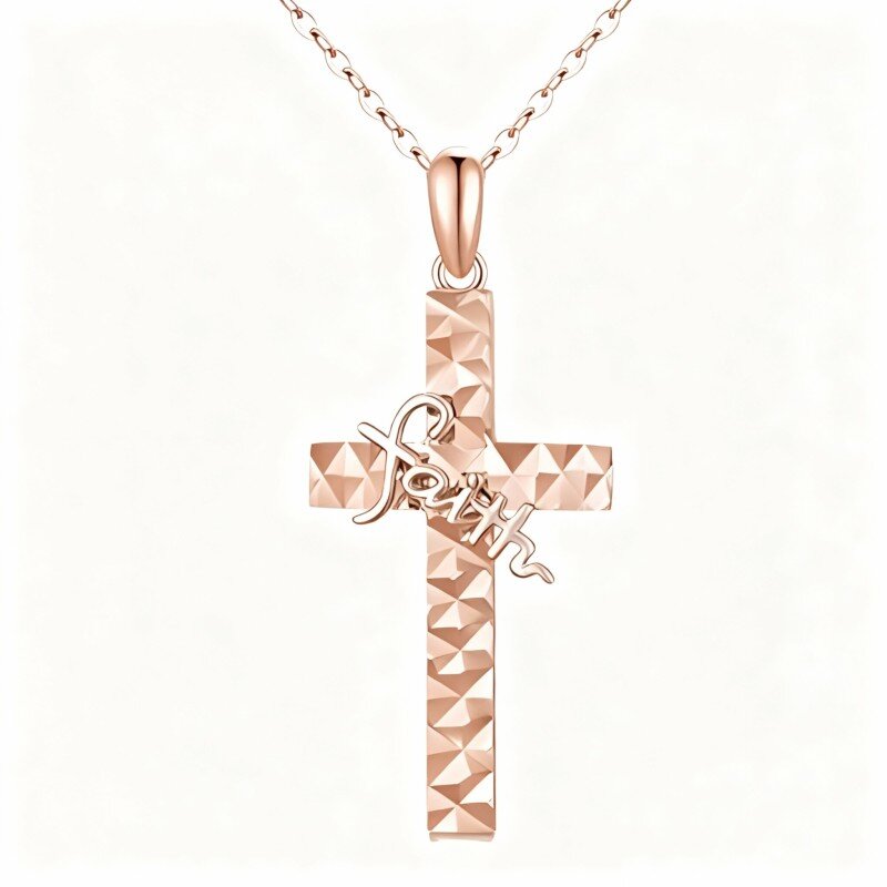 Collar con colgante de cruz de oro rosa de 18 quilates con palabra grabada-1