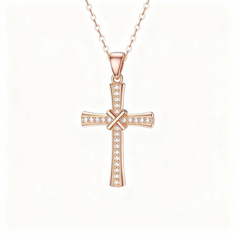 Collar con colgante de cruz de circonita cúbica en oro rosa de 18 quilates-1