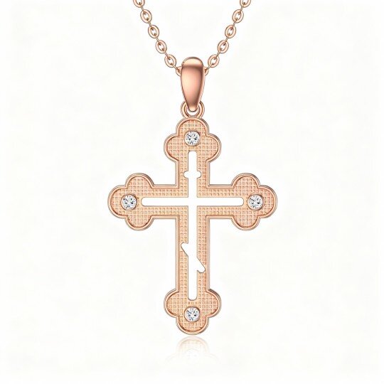 Colar com pendente de cruz em ouro rosa 10K e zircónias cúbicas