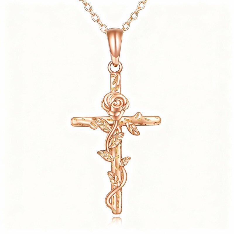 Colar com pendente de rosa e cruz em ouro rosa 14K-1