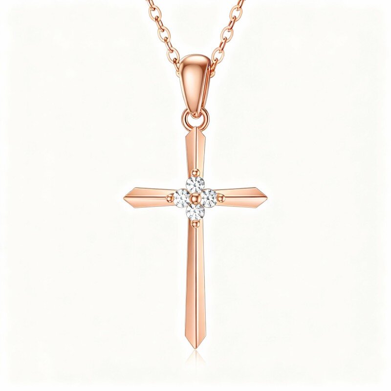 Collar con colgante de cruz de circonita cúbica en oro rosa de 9 quilates-1