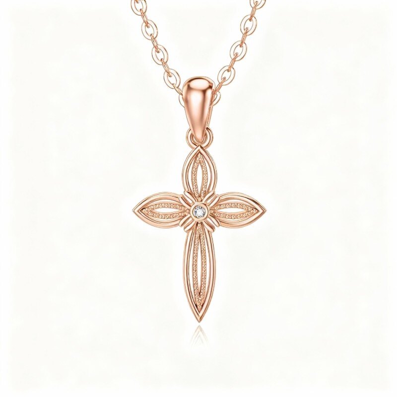 14K Rose Gold Cubic Zirconia Cross Pendant Necklace-1