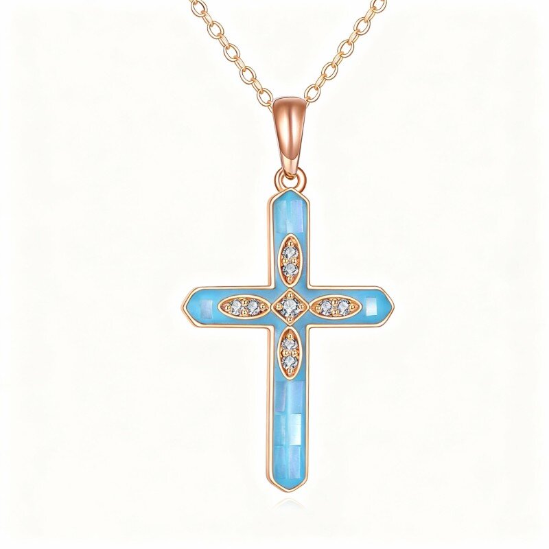 14K Rose Gold Cubic Zirconia Cross Pendant Necklace-1
