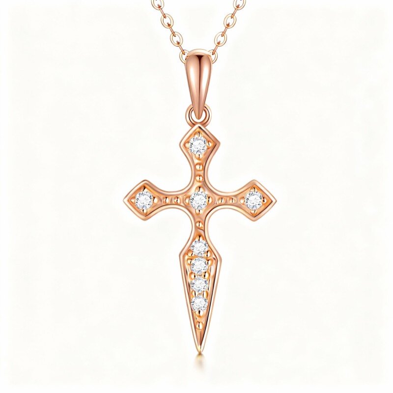 Collana con ciondolo a croce in oro rosa 10 carati con zirconi cubici-1