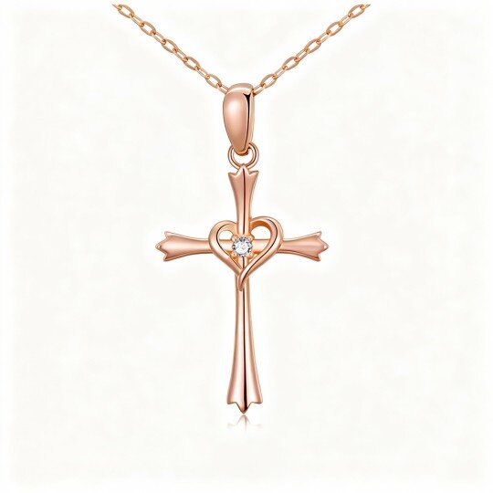 Colar com pendente de cruz em ouro rosa 10K e zircónias cúbicas