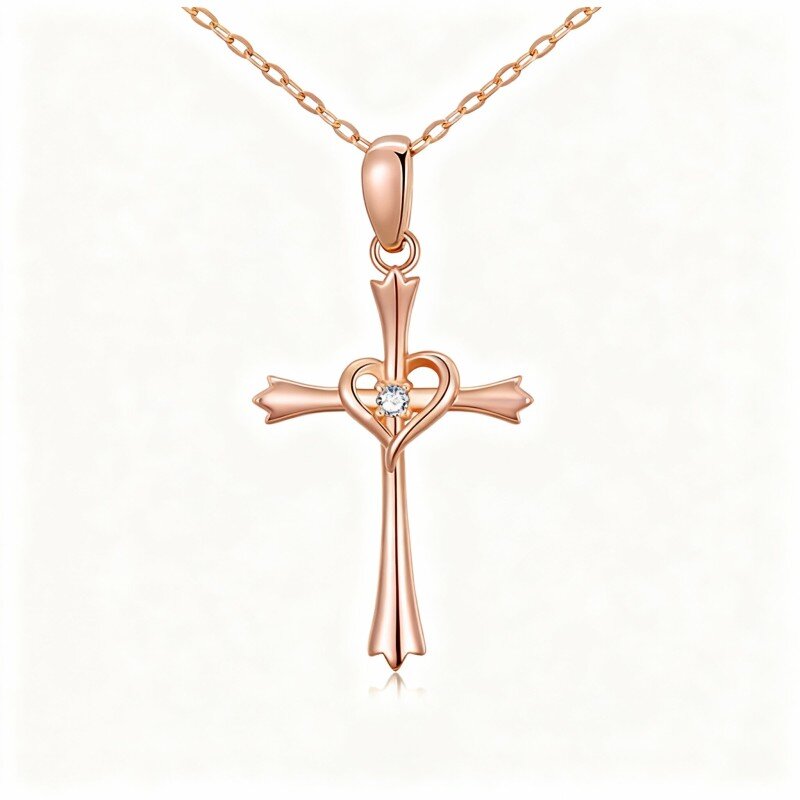 Colar com pendente de cruz em ouro rosa 14K e zircónias cúbicas-1