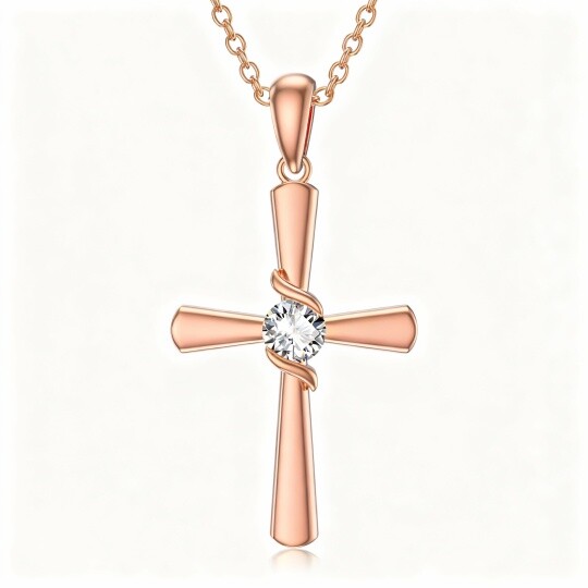 Collier pendentif croix en or rose 10 carats et zircon cubique