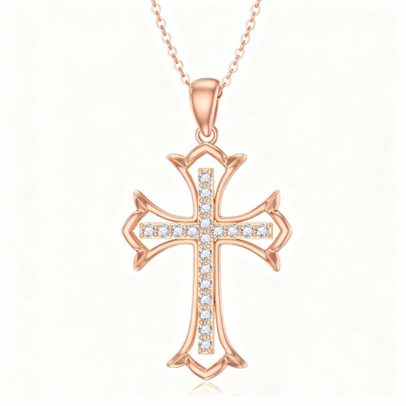 14K Rose Gold Cubic Zirconia Cross Pendant Necklace-1