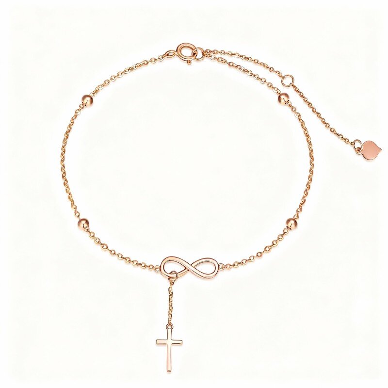 Tornozeleira com pendente de cruz em ouro rosa 18K de camada única-1