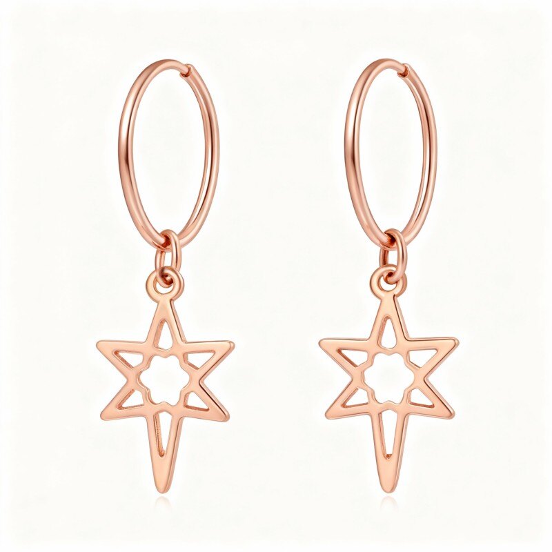 Boucles d'oreilles croix et étoile en or rose 14 carats avec fermoir à levier-1