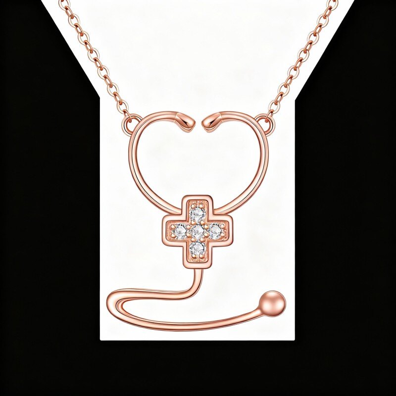 Halskette aus 14-karätigem Roségold mit Zirkonia-Kreuz- und Stethoskop-Anhänger-1