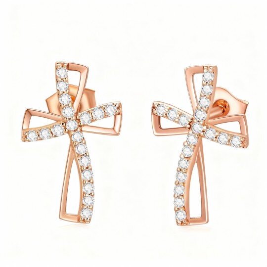 10K Rose Gold Cubic Zirconia Cross Stud Earrings