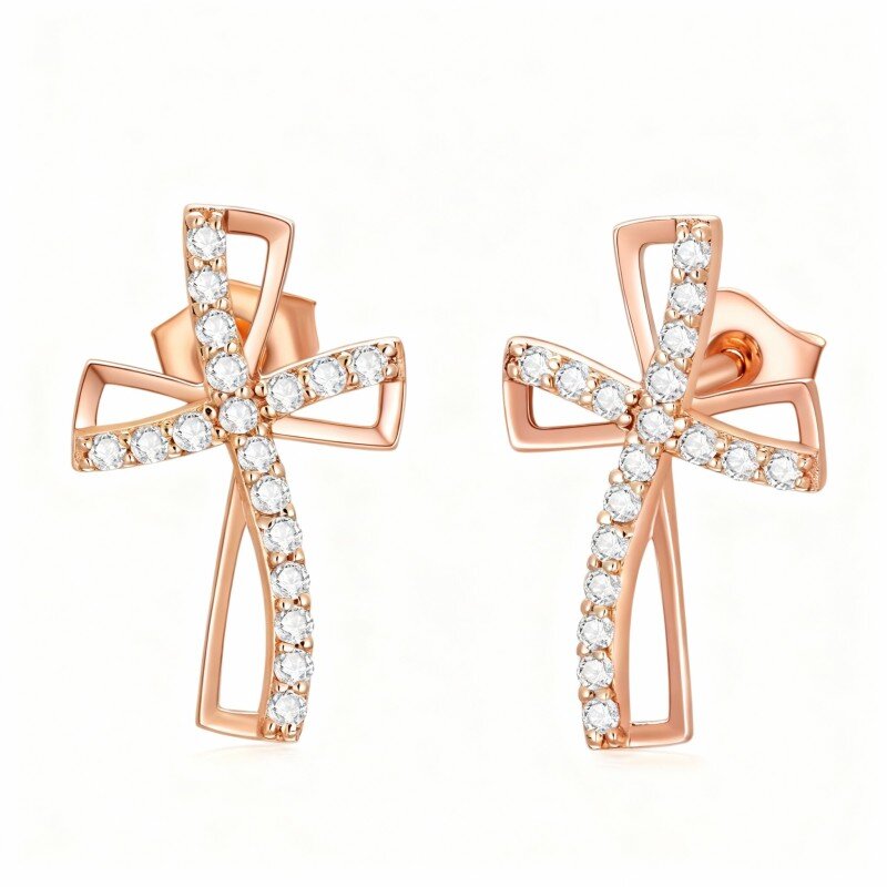 10K Rose Gold Cubic Zirconia Cross Stud Earrings-1