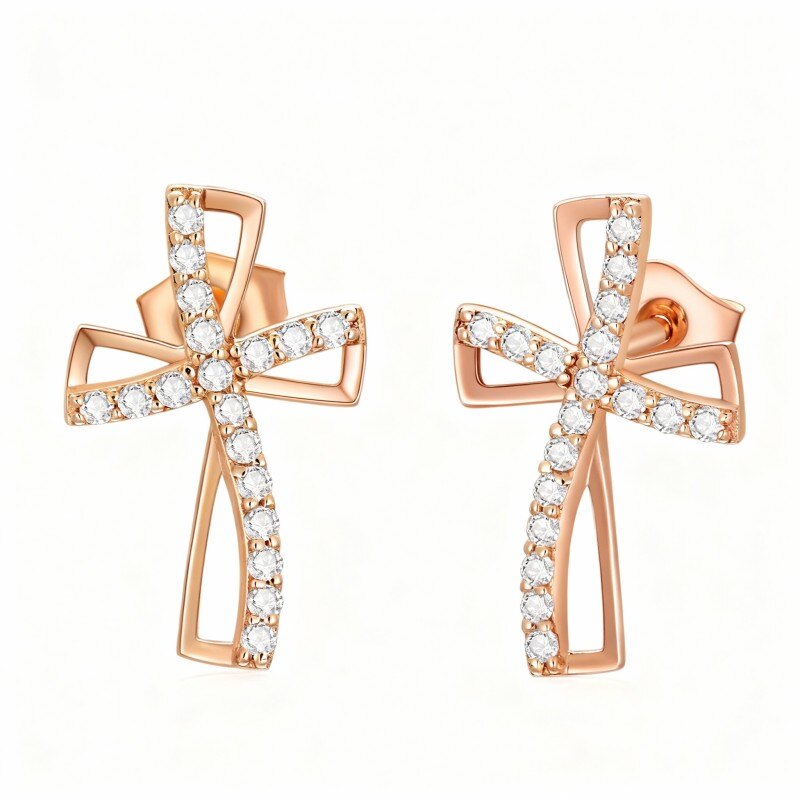 10K Rose Gold Cubic Zirconia Cross Stud Earrings-1