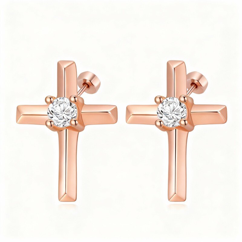 10K Rose Gold Cubic Zirconia Cross Stud Earrings-1