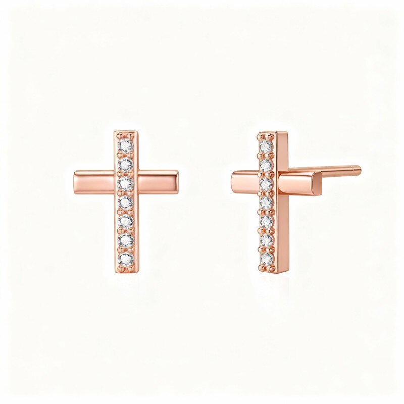 10K Rose Gold Cubic Zirconia Cross Stud Earrings-1