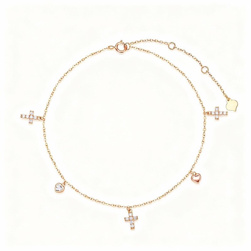 18K Rose Gold Crystal Cross & Heart Single Layer Charm Anklet-1