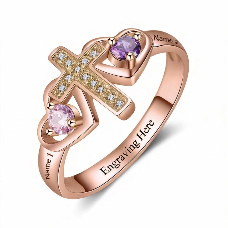 خاتم صليب كريستالي من الذهب الوردي عيار 14 قيراطًا-1