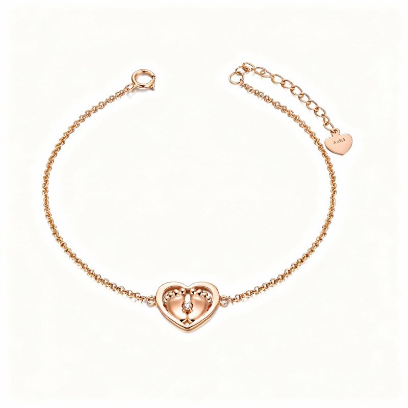 18K Rose Gold Crystal Footprints & Heart Charm Bracelet-1