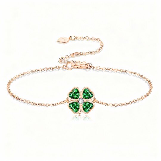 سوار من الذهب الوردي عيار 10 قيراط مرصع بالكريستال والزركونيا المكعبة على شكل زهرة البرسيم ذات الأربع أوراق