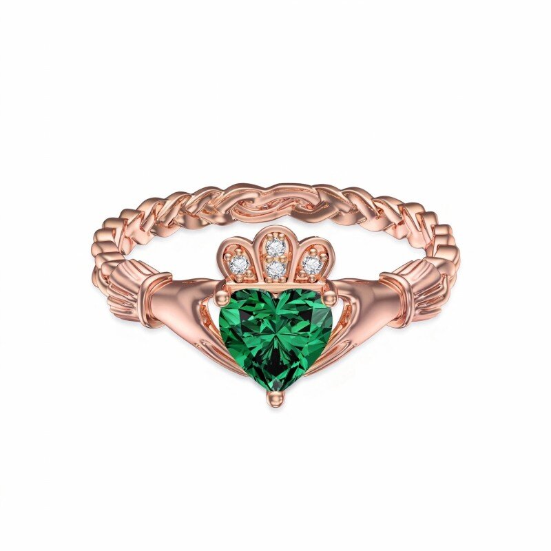 10K Rose Gold Crystal Heart & Hold Hands Ring-1