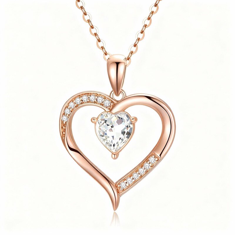 18K roségouden gepersonaliseerde geboortesteen- en harthangerketting van kristal-1