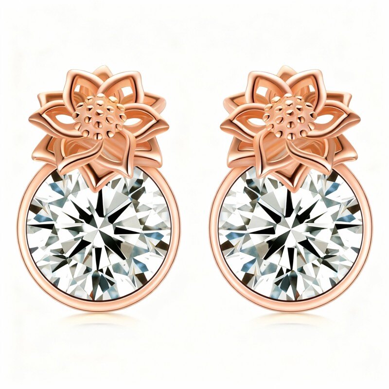 Pendientes de botón de girasol con cristal y piedra natal personalizada en oro rosa de 18 quilates-1