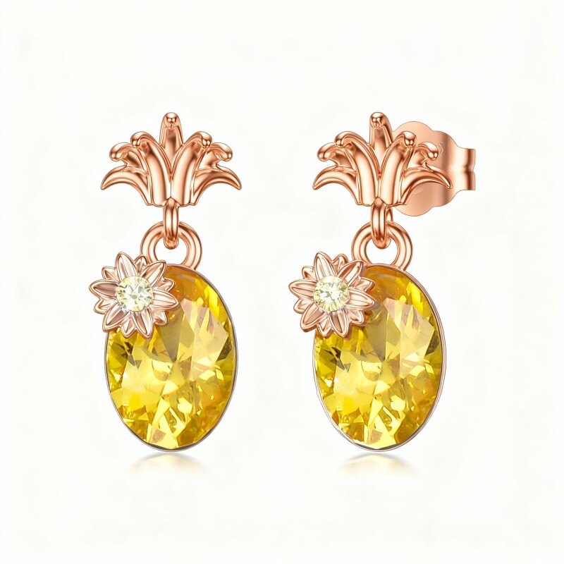 18K Rose Gold Crystal Pineapple & Sunflower Stud Earrings-1
