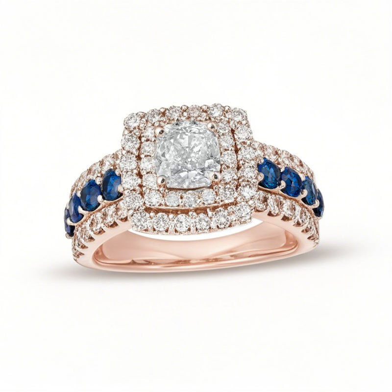 Anillo de compromiso personalizado en oro rosa de 18 quilates con diamante de laboratorio talla cojín de 2 quilates en total y zafiro. Talla D, pureza VVS1-VS1. Certificado por IGI.-1