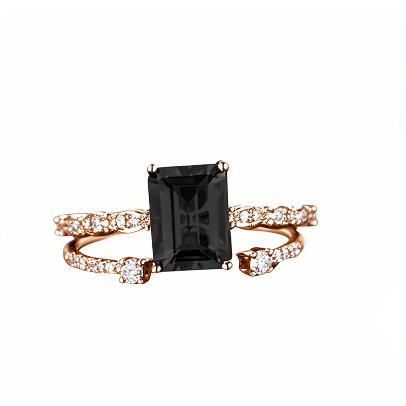 10K Rose Gold 2 CT.T.W. Emerald Cut Black Moissanite Couple Bridal Set-20