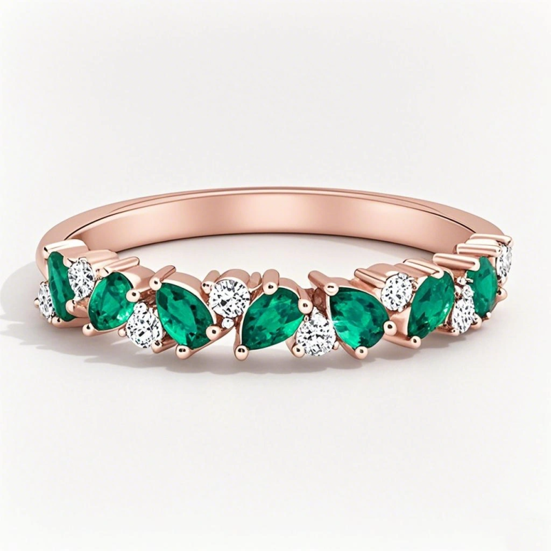 18K Rose Gold 1 CT.T.W. Pear Cut Lab Created Emerald & Round Cut Diamond Eternity Custom Wedding Band-1